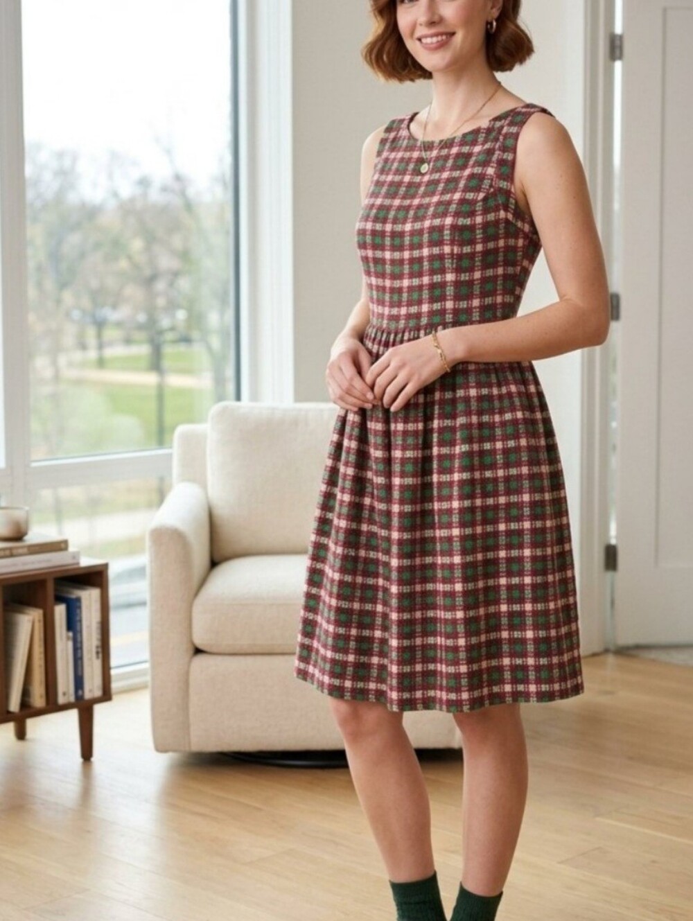 Saint Geraldine Chenille Woven Plaid Retro Dress Cozy Textured Green Maroon XL